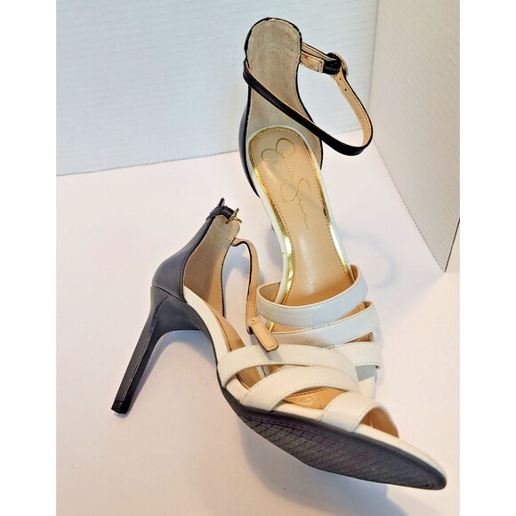 Jessica Simpson Black White High Heel Leather Strappy Sandals Maselli 7.5 - Picture 6 of 14